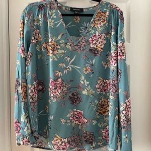 Karen Kane teal women's top with floral print; v-neckline; long sleeves